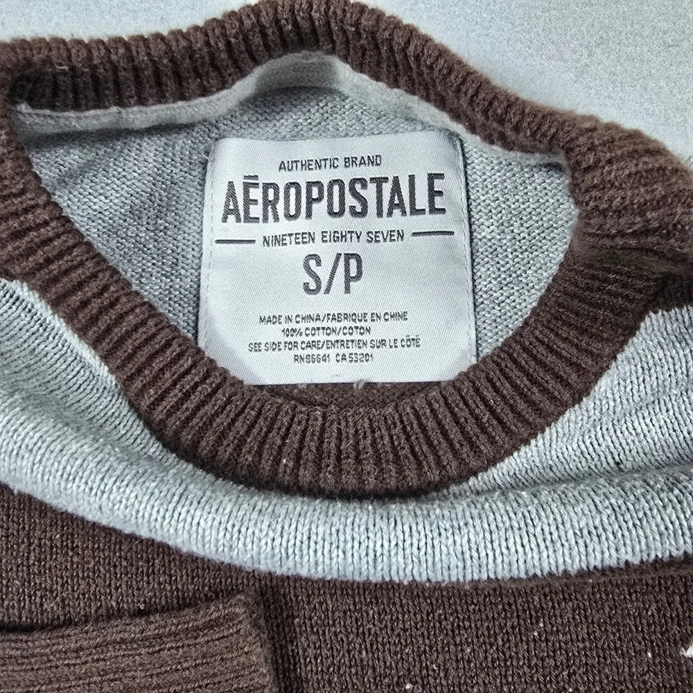 Aeropostale Mens Small Brown Striped Sweater A87 Logo Crewneck Cotton Pullover